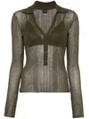 Pinko Ribbed Long-sleeved Top With Deep V-neckline In Green