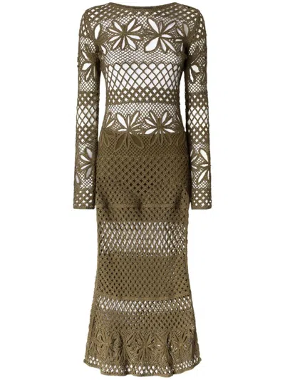 Pinko Crochet Floral Dress With Fitted Silhouette And Flared Hem In Military Olive Green