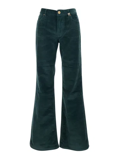 Pinko Green Pants With Plaque On The Front And Logo Patch On The Back In Corduroy Woman