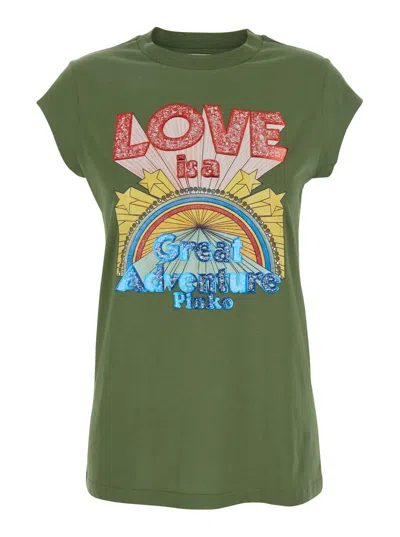 Pinko Green T-shirt With Graphic Print On The Front In Cotton Woman
