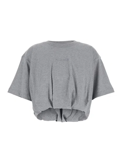 PINKO GREY CROP T-SHIRT WITH LOGO ON THE FRONT AND GATHERS IN COTTON WOMAN