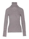 Pinko High-neck Ribbed Cashmere-blend Sweater With Lurex Cuffs In Grey