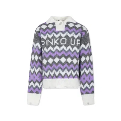 Pinko Kids' Grey Sweater For Girl With Logo In Ivory