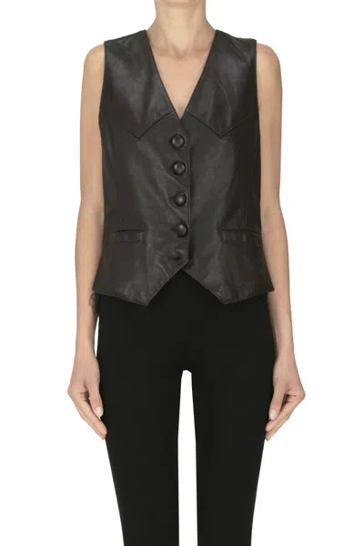 Pinko Grips Leather Gilet In Dark Brown