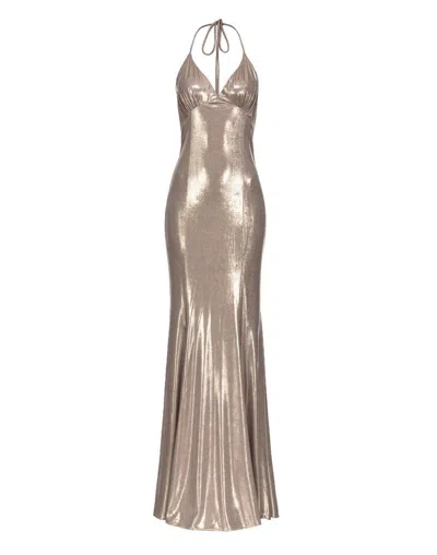 Pinko Long Laminated Jersey Dress In Mushroom Beige