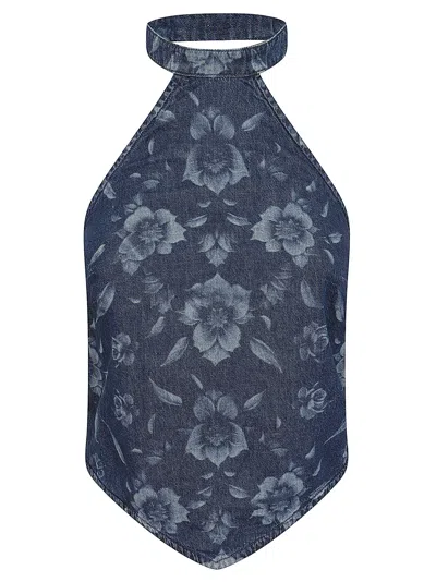 Pinko Halterneck Top With Pointed Hem And Open Back In Blue