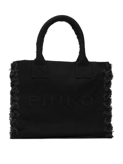 Pinko Medium Beach Fringed Shopper Tote Bag In Black