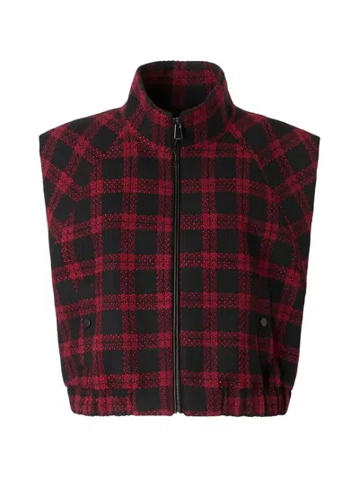 Pinko Cropped Red And Black Checkered Tweed Gilet With High Collar
