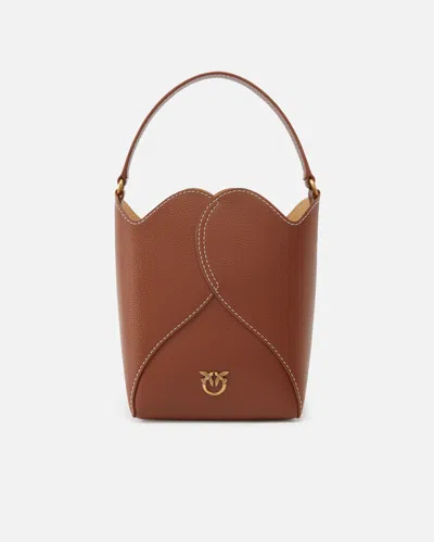 Pinko Heart Mini Leather Bucket Bag With Shoulder Strap In Cuir-or Antique