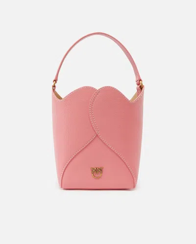 Pinko Heart Mini Leather Bucket Bag With Shoulder Strap In Fleur De Pêcher-or Antique