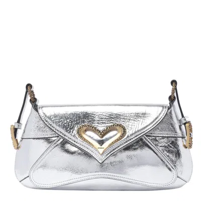 Pinko Heart Plaque Metallic Shoulder Bag In Silver