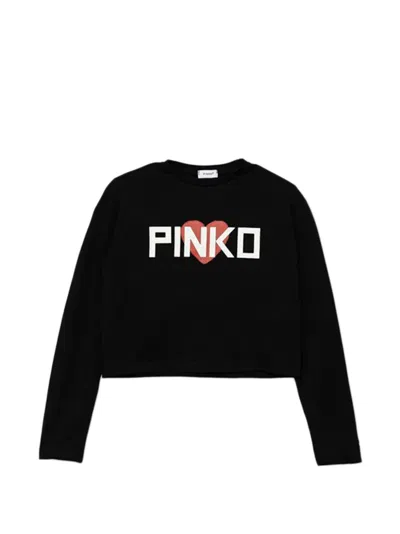 Pinko Kids' Heart-motif Cropped T-shirt In Black