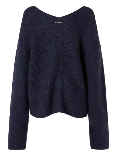 Pinko Herringbone-pattern V-neck Jumper In Blue