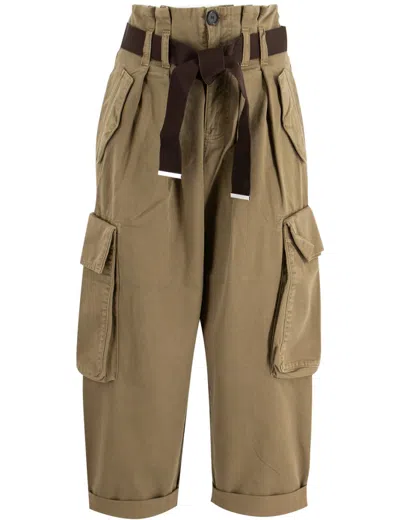 Pinko High-waisted Cargo Trousers With Knotted Belt In Marrone Legno Dolmo