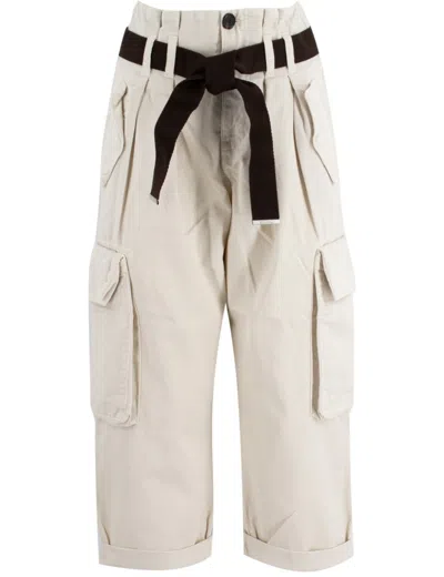 Pinko High-waisted Milk White Cargo Trousers With Knotted Belt