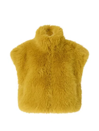 Pinko Cropped Mustard Yellow Faux Fur Jacket With High Neckline In Brown