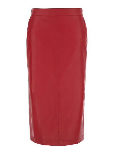 Pinko High-waist Eco-leather Skirt With Back Slit And Side Hidden Zip In Red