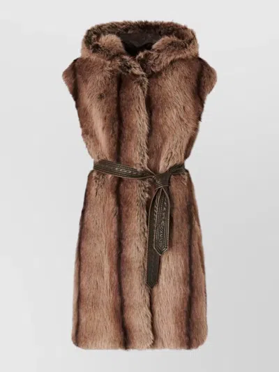 Pinko Hooded Belted Faux Fur Sleeveless Coat In Multi