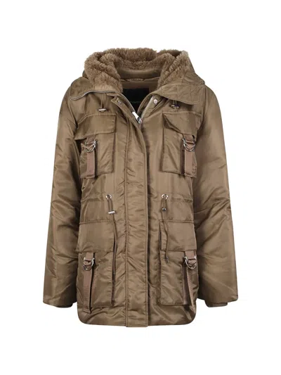 Pinko Hooded Multi-pocket Coat In Brown