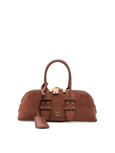 Pinko Horizo Suede Bowling Bag With Gold Charm In Brown