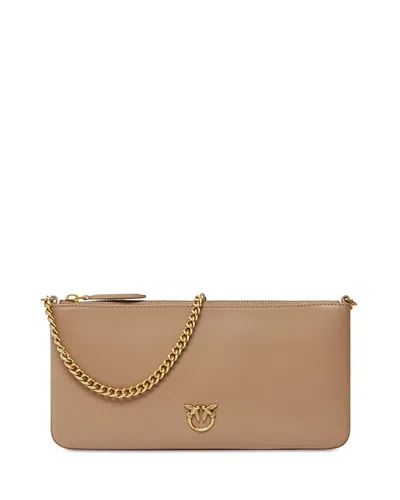 Pinko Horizontal Flat Brown Leather Crossbody Bag
