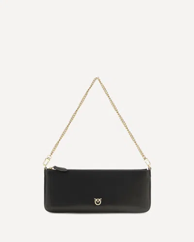 Pinko Horizontal Flat Leather Shoulder Bag In Black