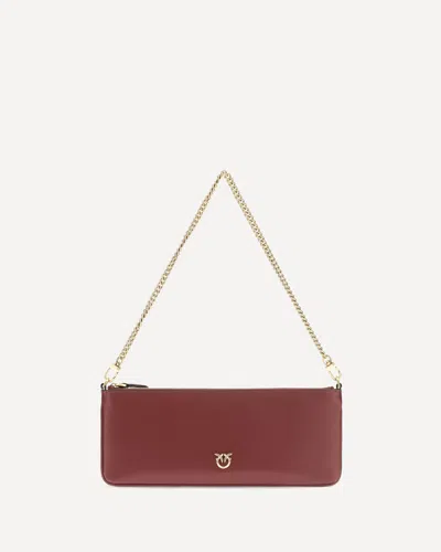 Pinko Horizontal Flat Leather Shoulder Bag In Bordeaux