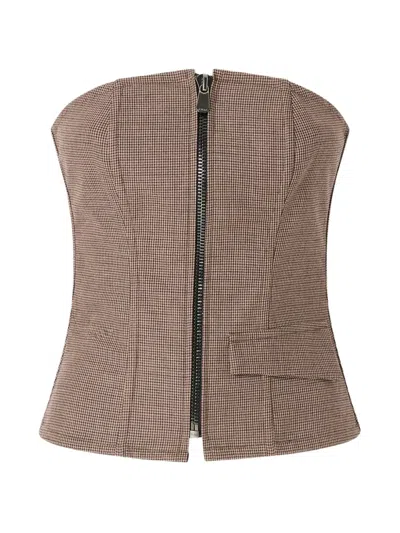 Pinko Houndstooth-pattern Zip-up Corset Top In Brown
