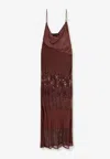 Pinko Satin And Lace Long Dress With Sequin Embellishments In Burgundy