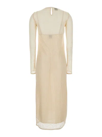 PINKO 'INCANTESIMO' BEIGE LONG CREWNECK DRESS WITH REAR KEYHOLE CLOSURE IN TECH FABRIC WOMAN