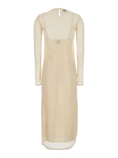 Pinko 'incantesimo' Beige Long Crewneck Dress With Rear Keyhole Closure