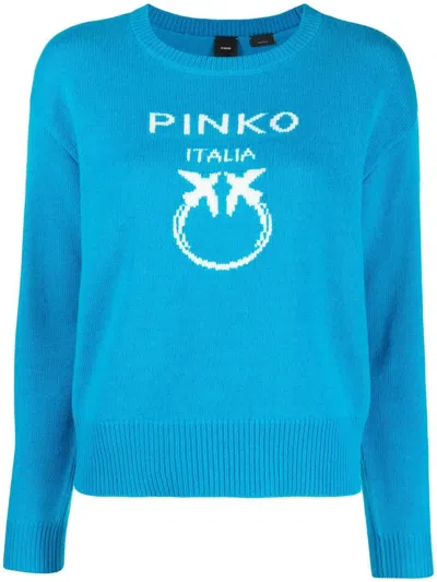 Pinko Intarsia-knit Logo Crew-neck Jumper In 蓝色