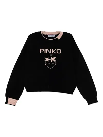Pinko Kids' Intarsia Knit-logo Sweater In Black