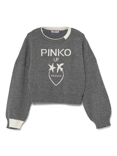 Pinko Kids' Intarsia Knit-logo Sweater In Grey