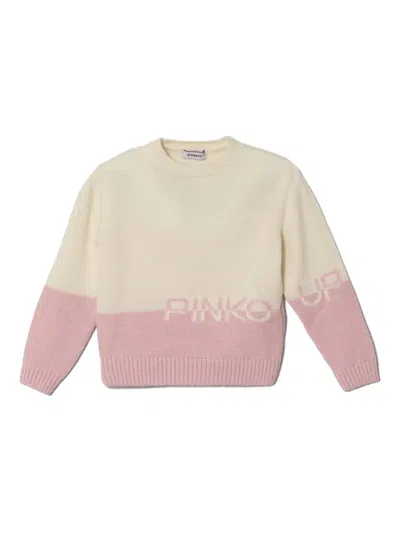 Pinko Kids' Intarsia Knit-logo Sweater In Neutrals