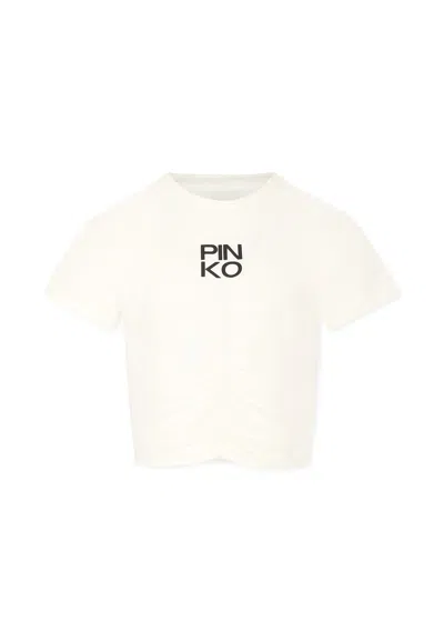 Pinko Kids' Ivory Crop T-shirt For Girl With Logo In White