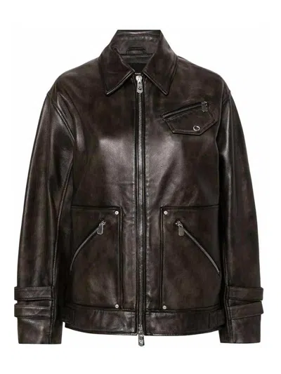 Pinko Zip-up Leather Jacket In Black