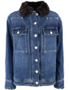 Pinko Blue Denim Overshirt Jacket With Fur-effect Collar In Lavaggio Vintage Medio Scuro