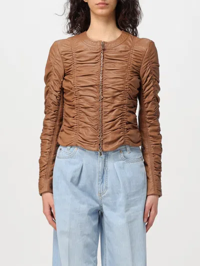 Pinko Gathered Nappa Leather Jacket In Brown