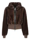 Pinko Cropped Jacket With Plush Faux Fur Texture In Brown