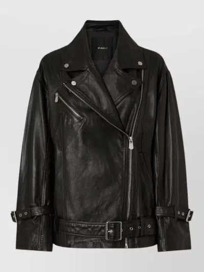 Pinko Jacket Silk Nylon Notched Lapels Zippered Pockets Belt In Black