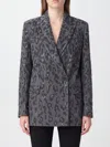 Pinko Double-breasted Jacket With Rhinestones And Jaguar Motif In Gray