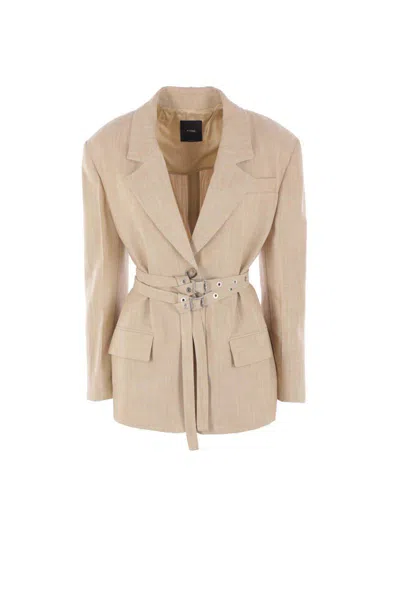 Pinko Emozioni Oversized Canvas Blazer Jacket With Belt In Beige