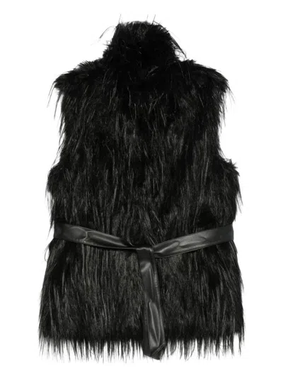 Pinko Sleeveless Black Faux Fur Jacket With Wide Belt Closure