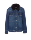 Pinko Blue Denim Overshirt Jacket With Fur-effect Collar In Blue
