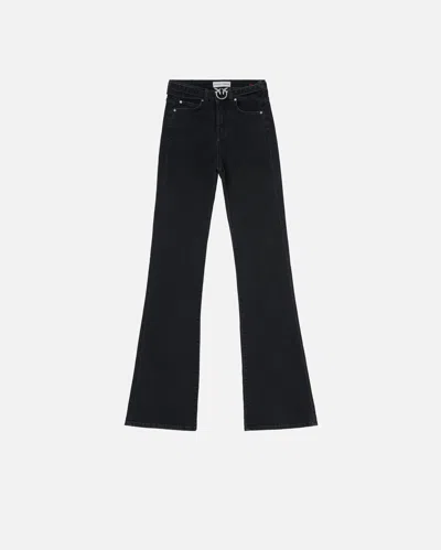 Pinko Black Denim Flared Jeans With Love Birds Belt In Limo Black