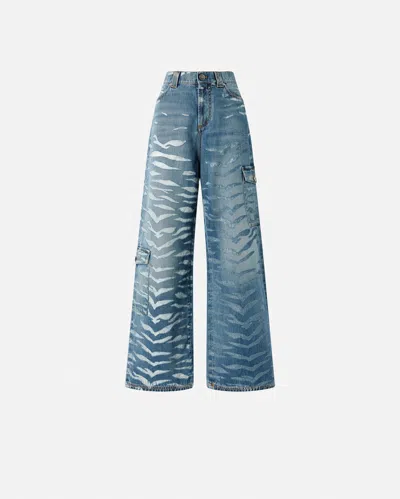 Pinko Wide-leg Zebra-print Jeans In Blue