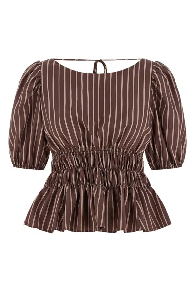 Pinko Jeanette Top Puff Sleeves Peplum Striped In Brown