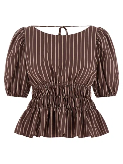 Pinko Jeanette Top Puff Sleeves Peplum Striped In Brown