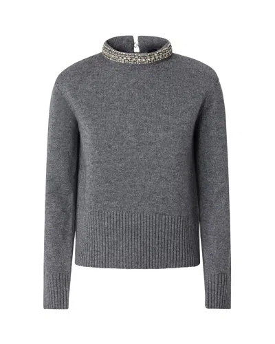 Pinko Jeweled Mock Neck Knit Sweater In Grigio-monumento Gr.